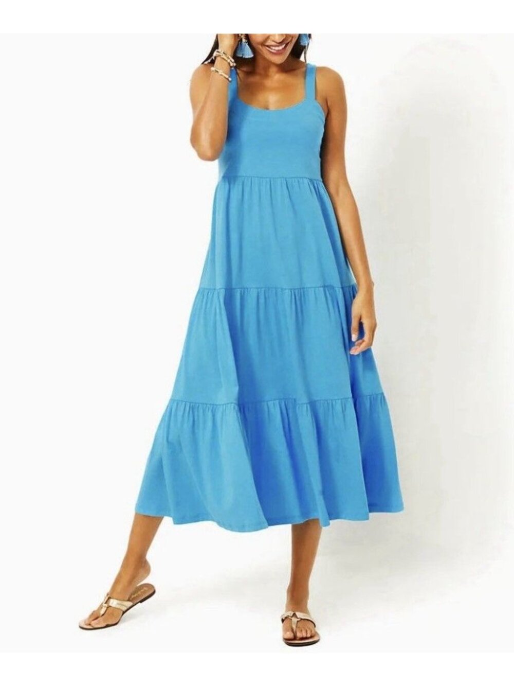 Lilly Pulitzer Womens Size L Midi Dress Miri Lunar Blue Cotton Tiered Sleevless - Picture 2 of 10